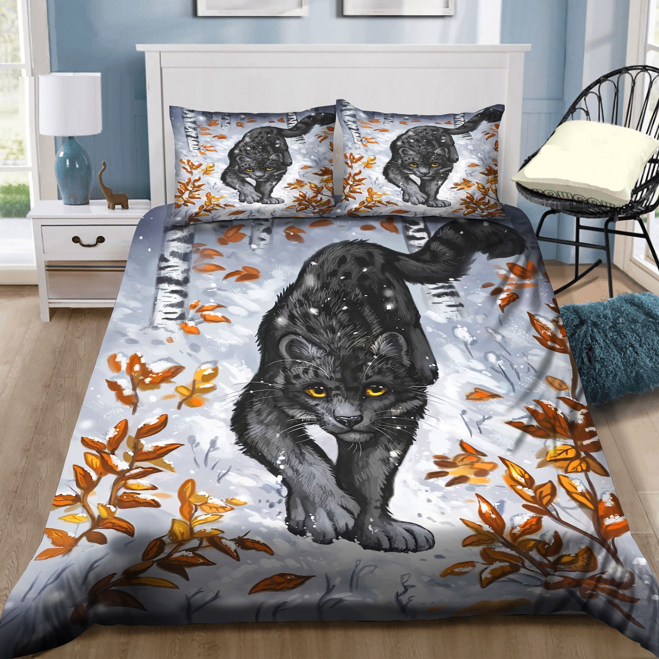 Black Panther Running In Forest In Snow Bedding Set