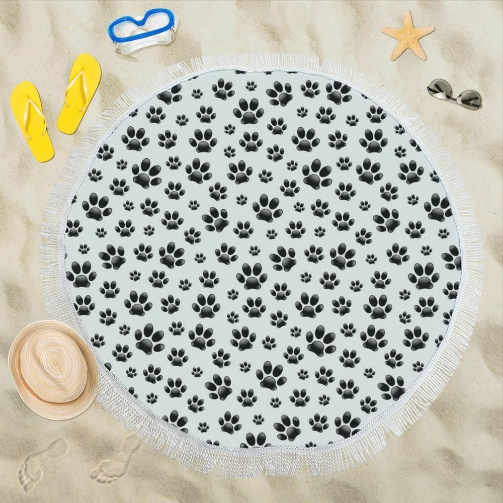 Black Pawprints On White Gift For Pet Lovers Printed Round Beach Towel