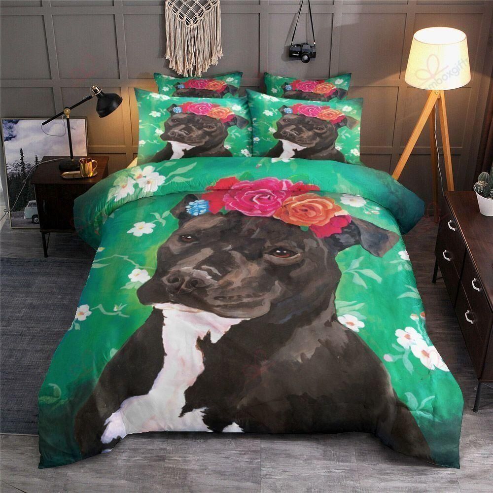 Black Pitbull Flower Printed Bedding Set