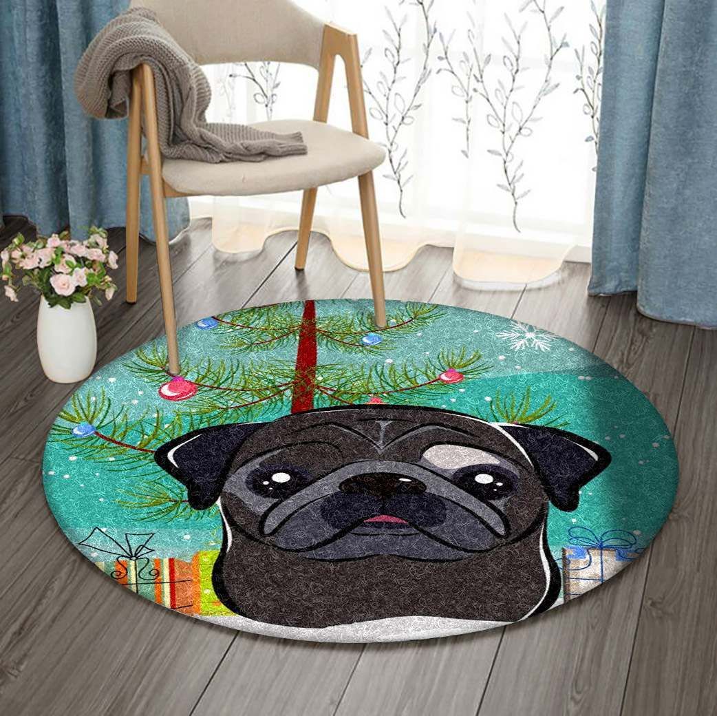 Black Pug Christmas Round Carpet