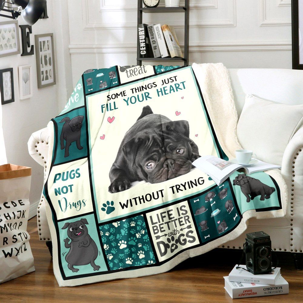 Black Pug Dog Sherpa Fleece Blanket