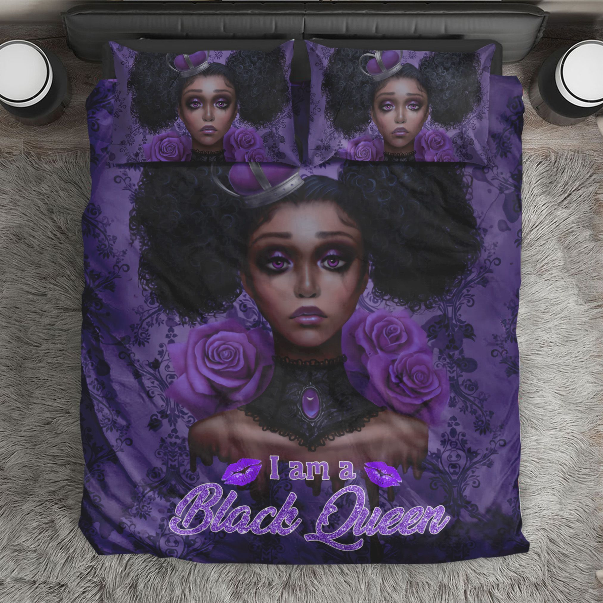 Black Queen Purple Rose Bedding Set