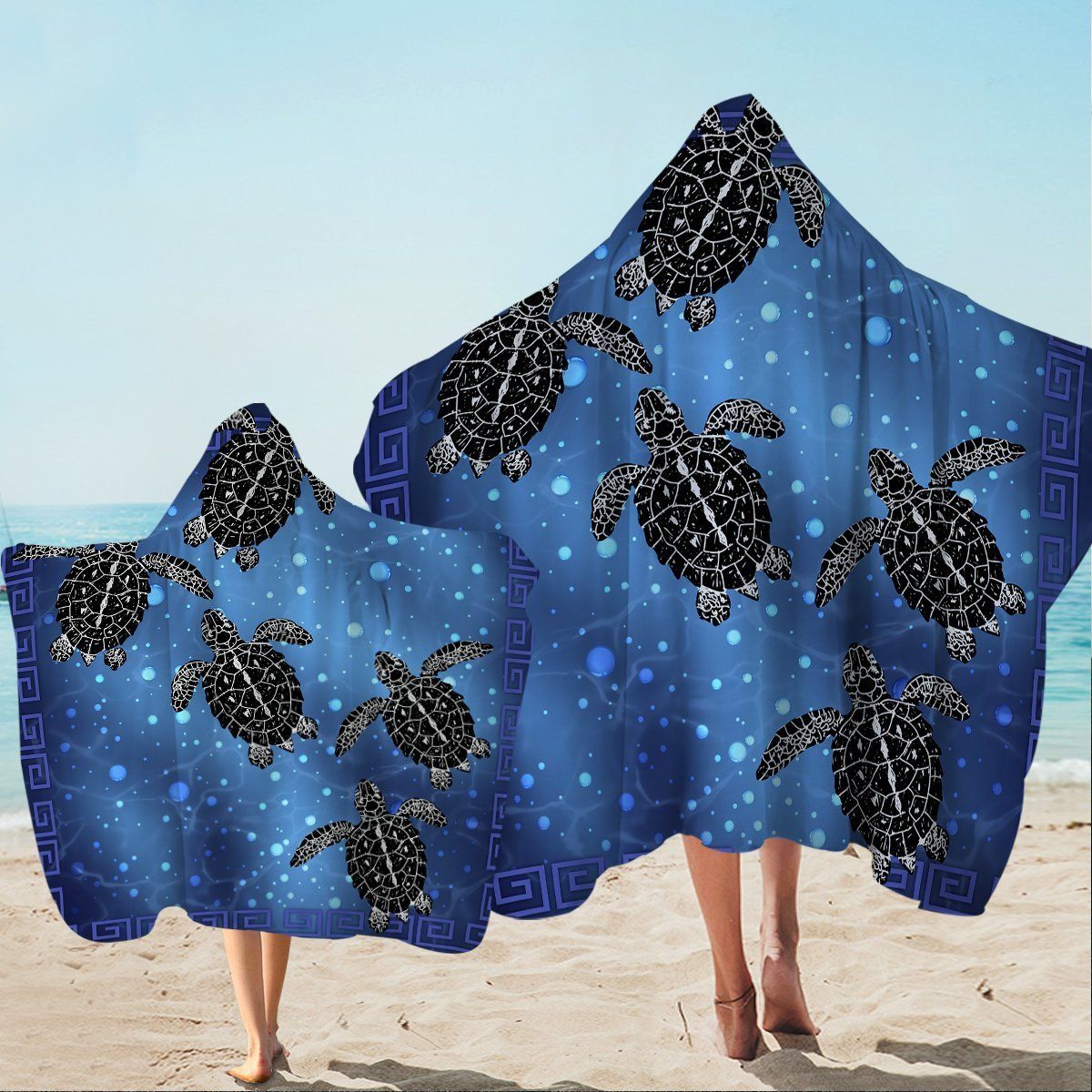 Black Sea Turtle Voyage Blue Hooded Towel