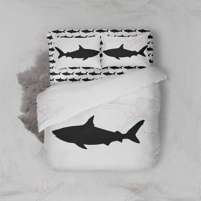 Black Shark In White Printed Bedding Set