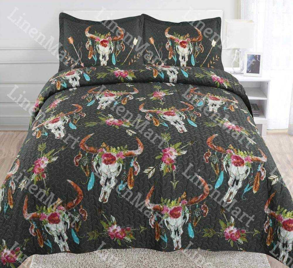 Black Skull Flower And Feather Quilt Rustic Southwest Bedding Set