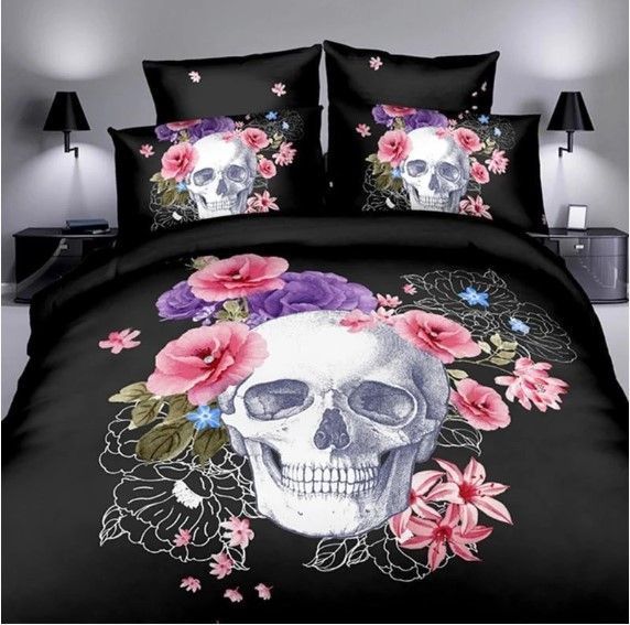 Black Skull Flowers Bedding Set