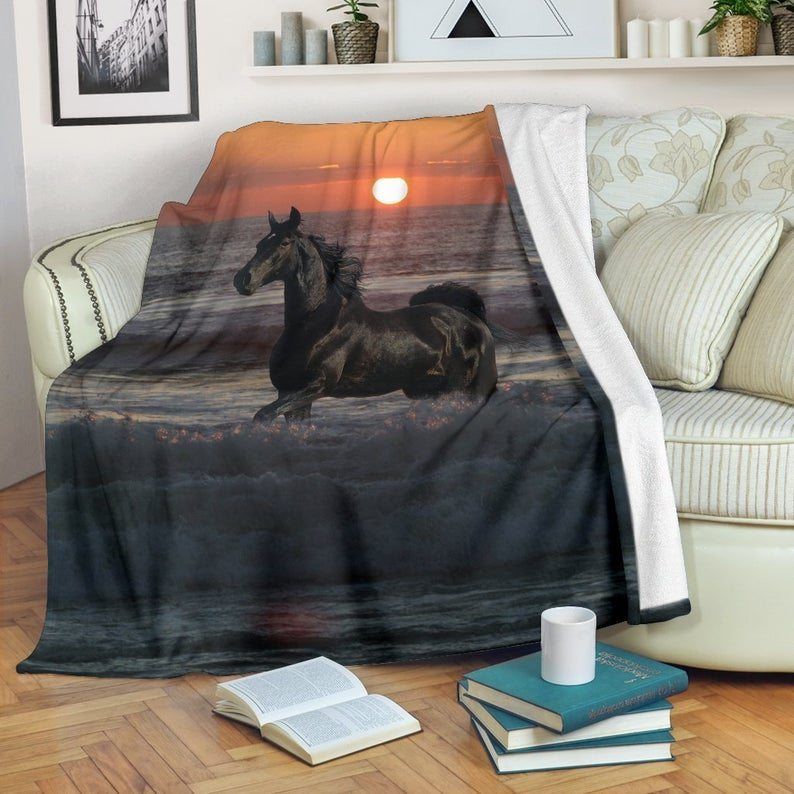Black Stallion Horse At Sunset Sherpa Fleece Blanket