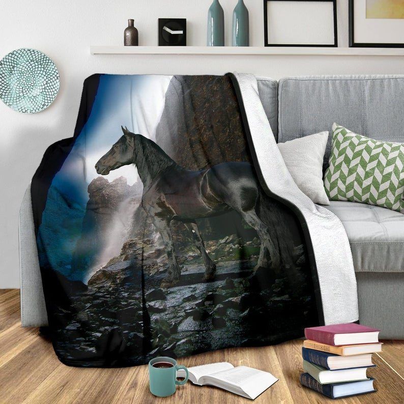 Black Stallion Horse Waterfall Sherpa Fleece Blanket
