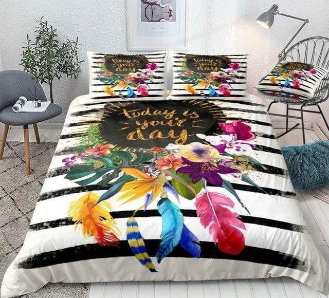 Black Stripe Floral Bedding Set