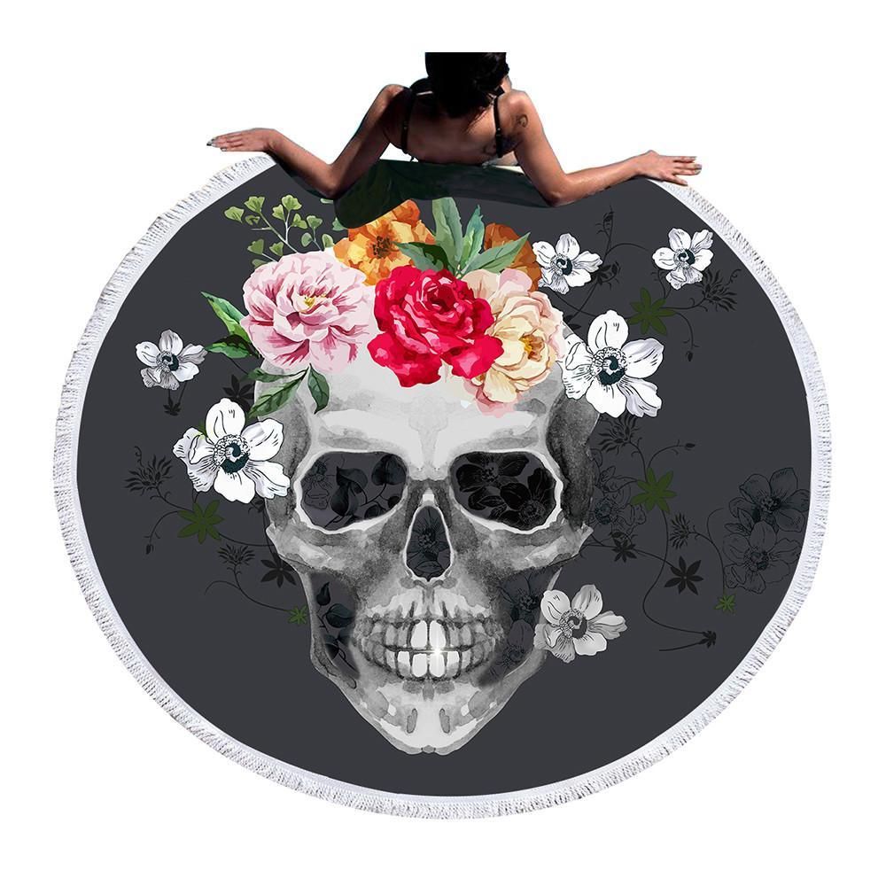 Black Sugar Skull Pattern Printed Round Beach Towel