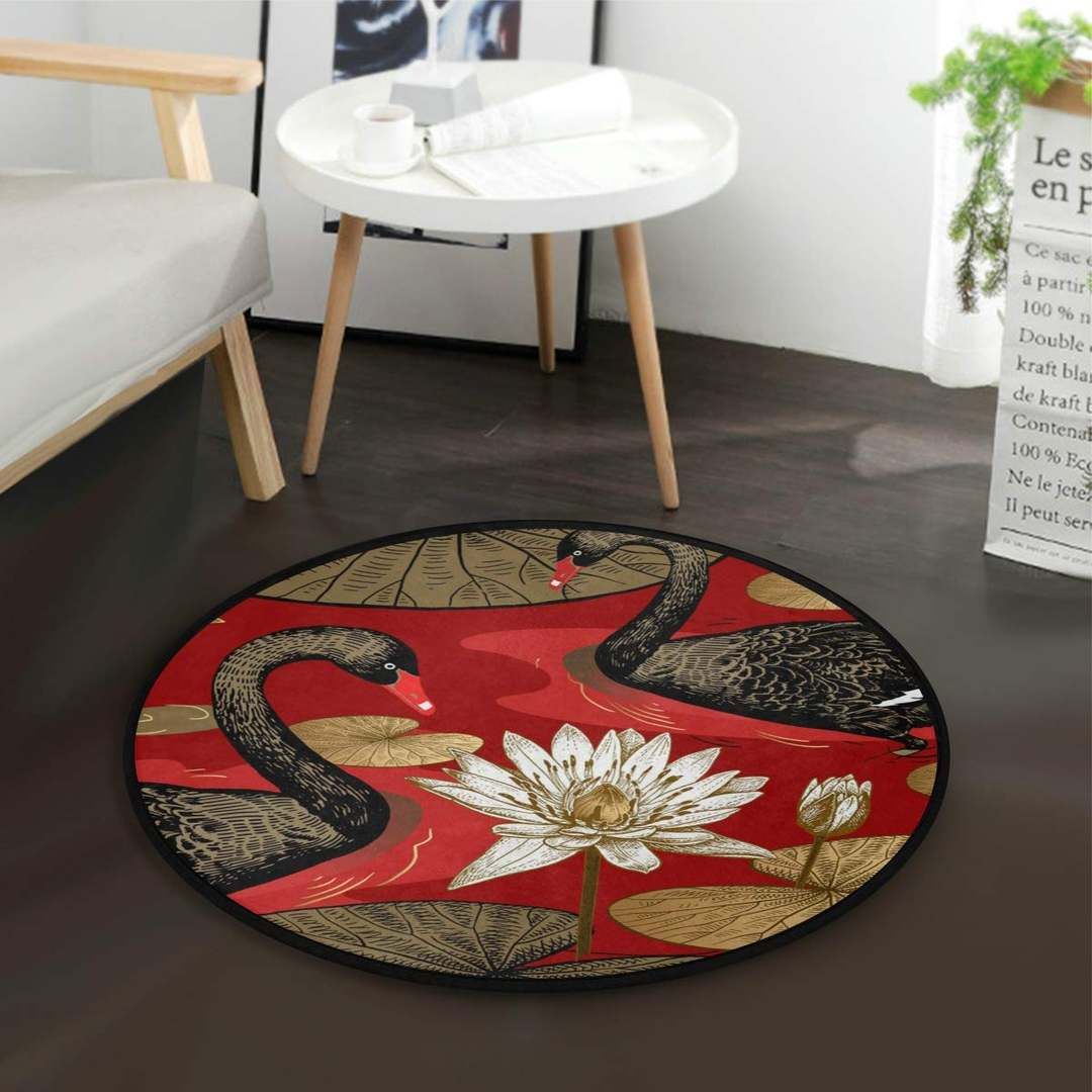 Black Swan White Lotus Round Carpet