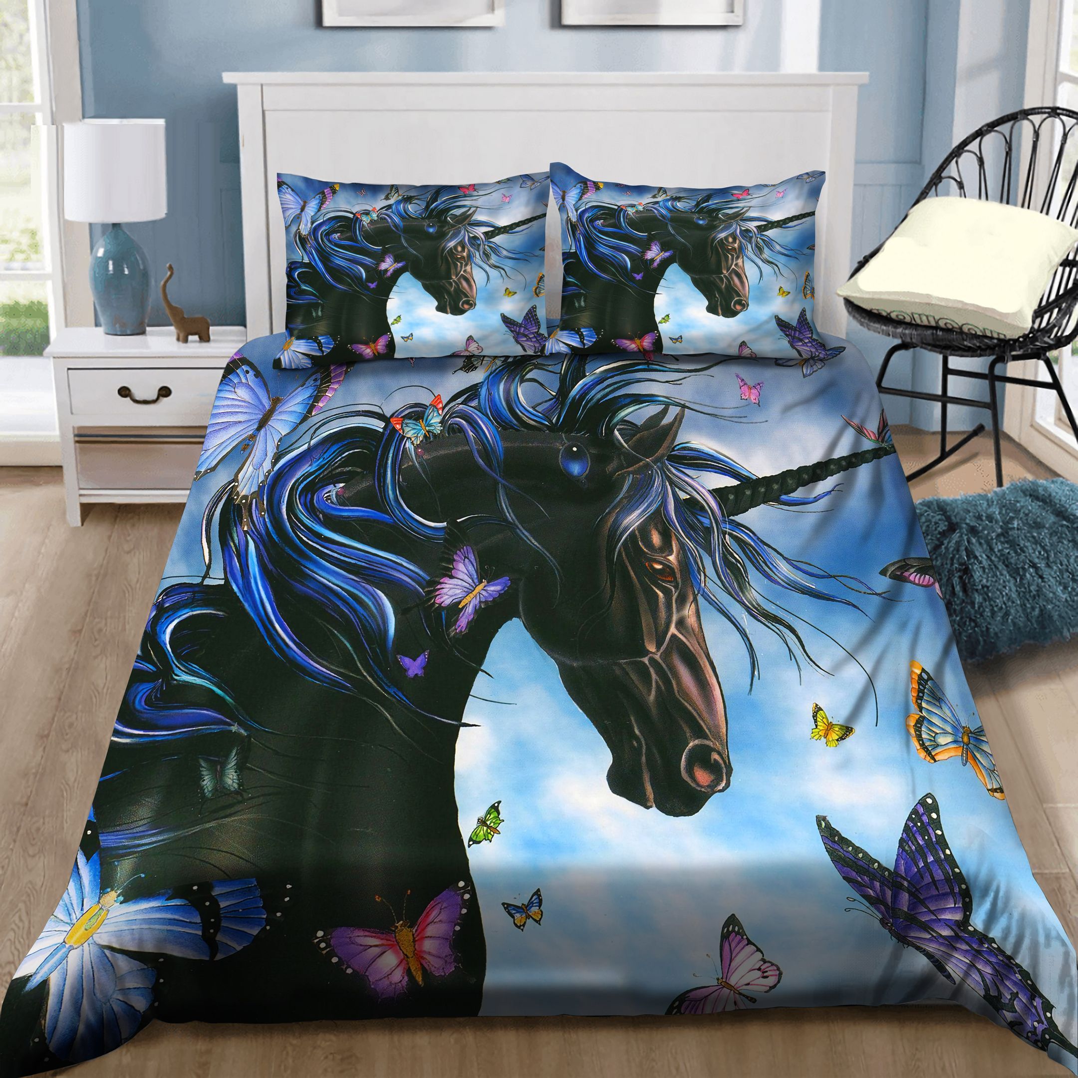 Black Unicorn And Butterflies Bedding Set