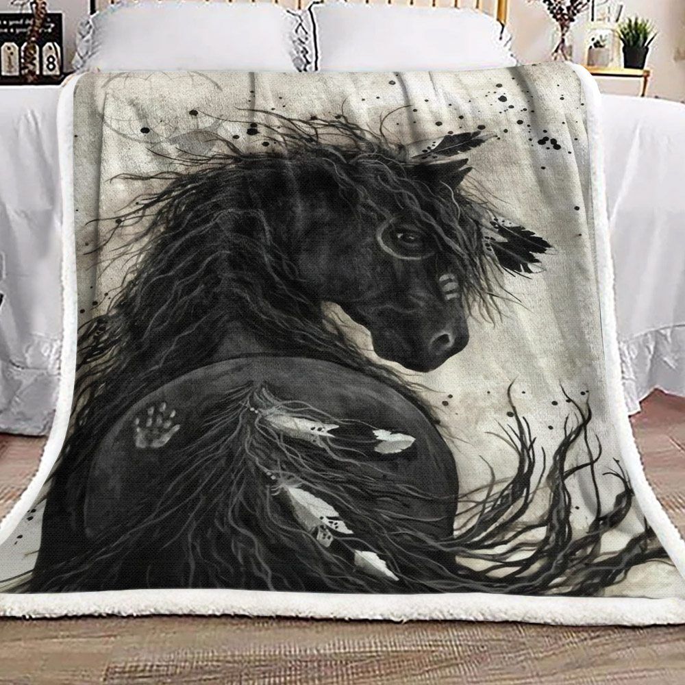 Black War Horse Sherpa Fleece Blanket
