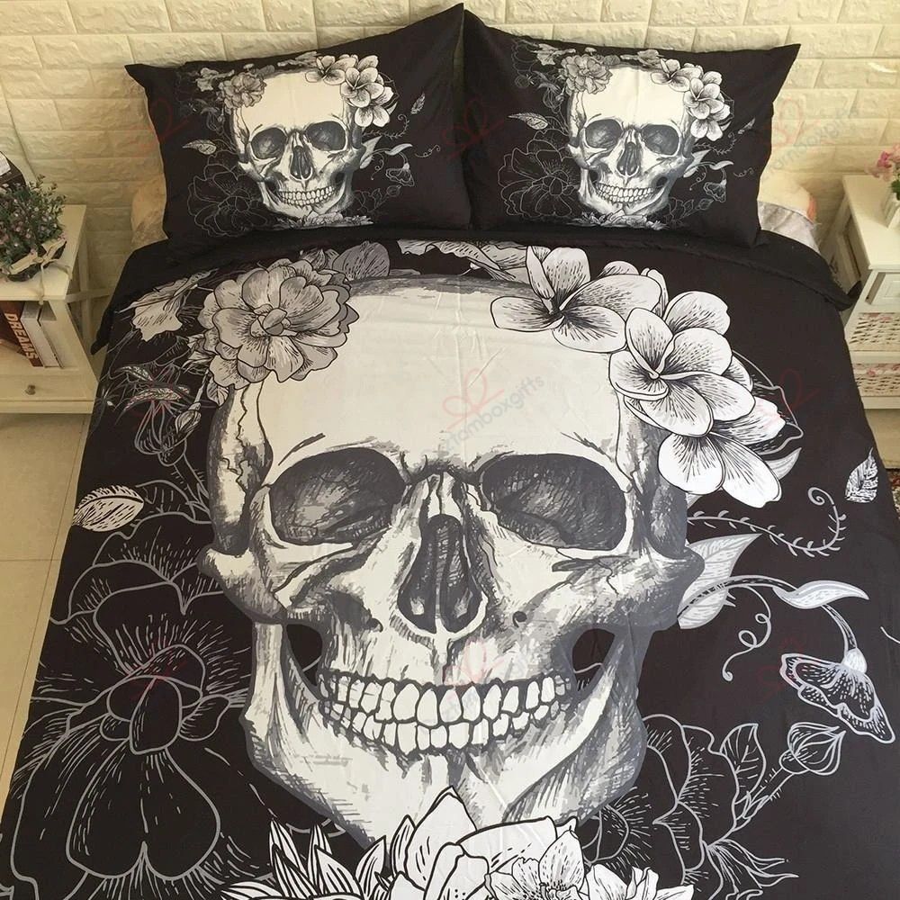 Black & White 3d Floral Skull Bedding Set