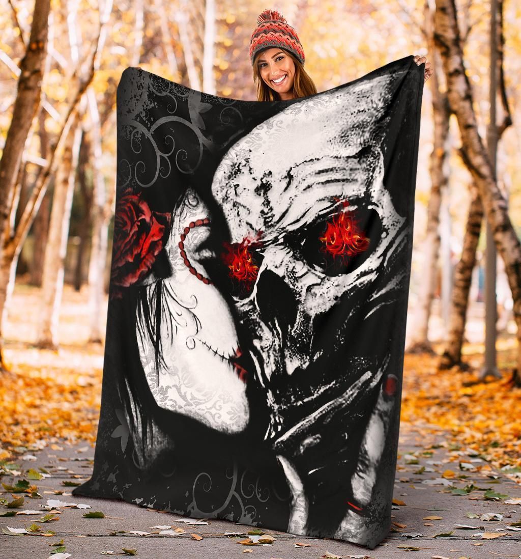 Black White And Red Diabolique Skull Couple Fleece Blankets