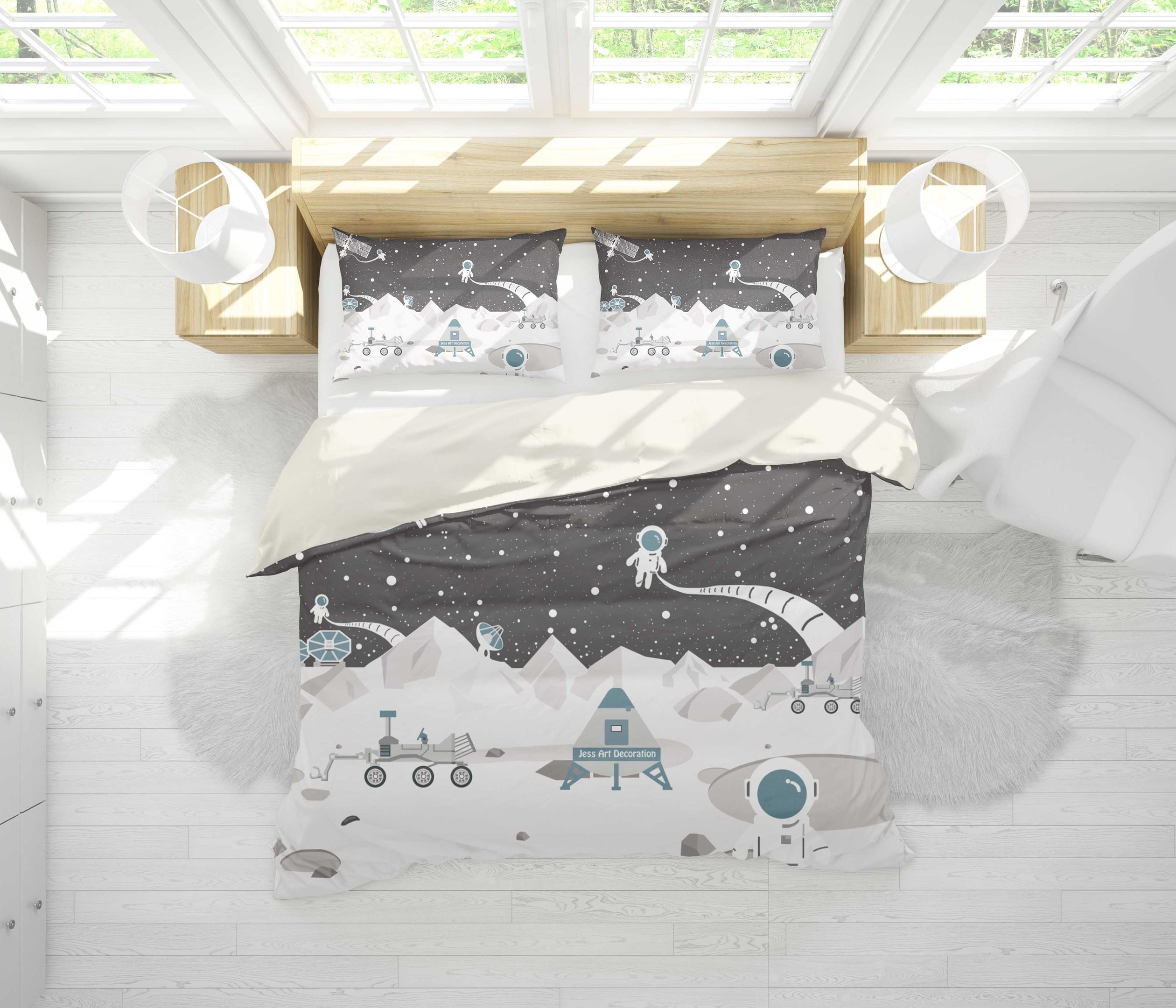 Black White Astronaut Universe Radar Satellite Bedding Set