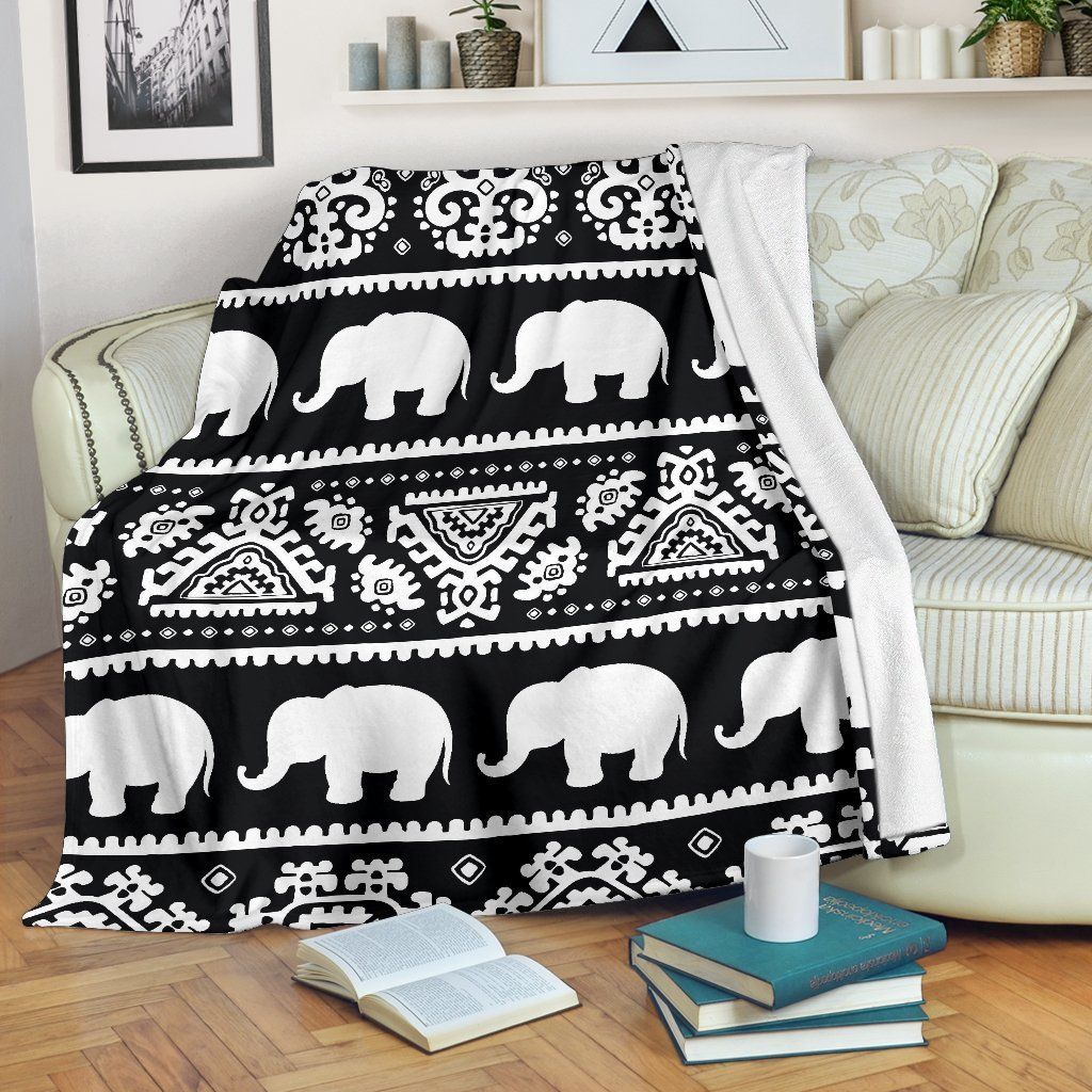 Black White Boho Elephant Pattern Fleece Blanket