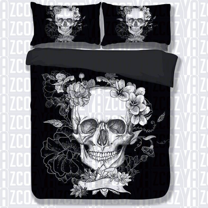 Black White d Floral Skull Bedding Set