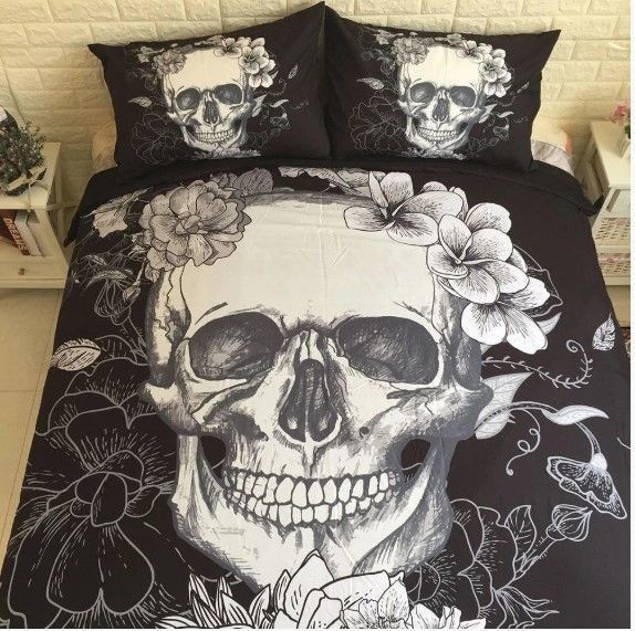 Black White Floral Skull Bedding Set