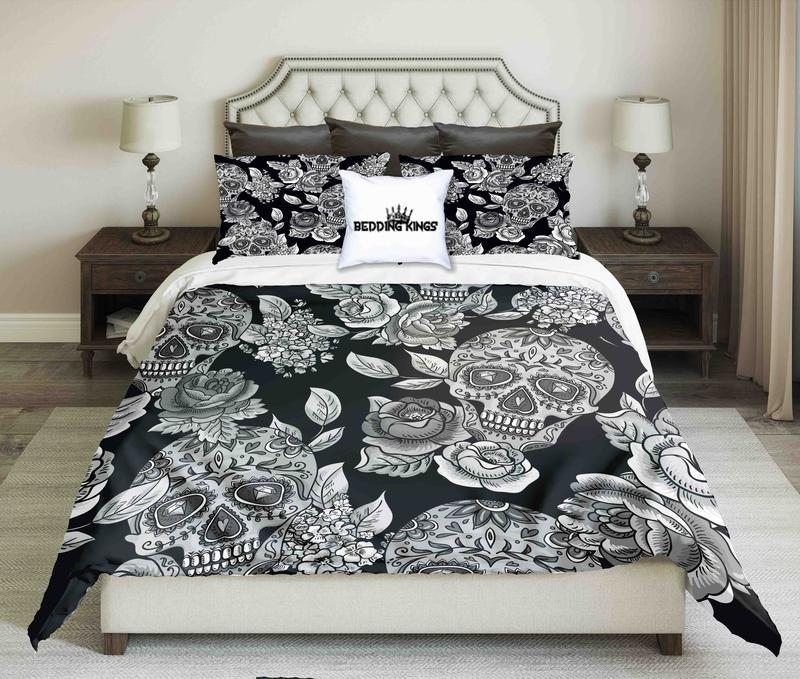 Black White Floral Skull Bedding Set