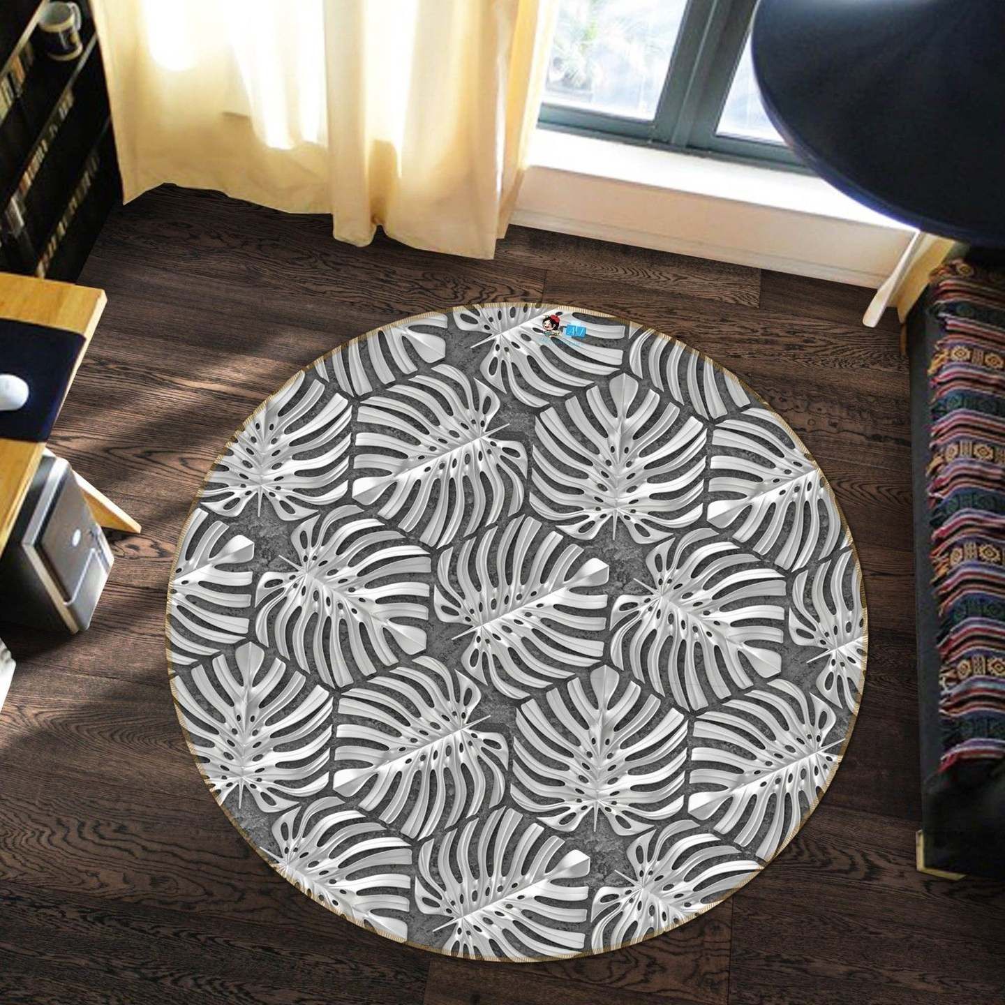Black White Leaf Round Carpet