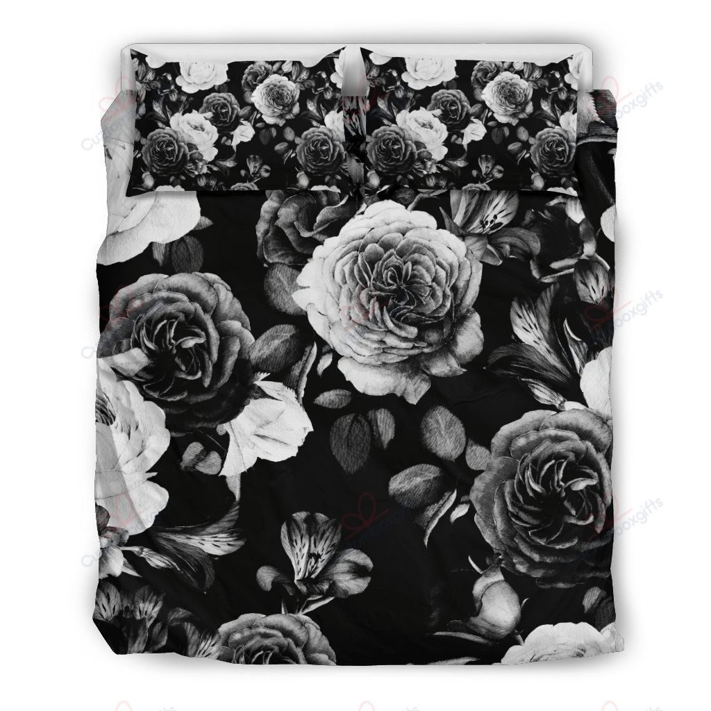 Black White Rose Floral Bedding Set