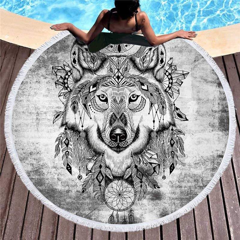 Black White Sketch Male Wolf Head Printed Round Beach Towel