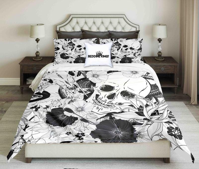 Black White Skull And Poppy Flower Bedding Set