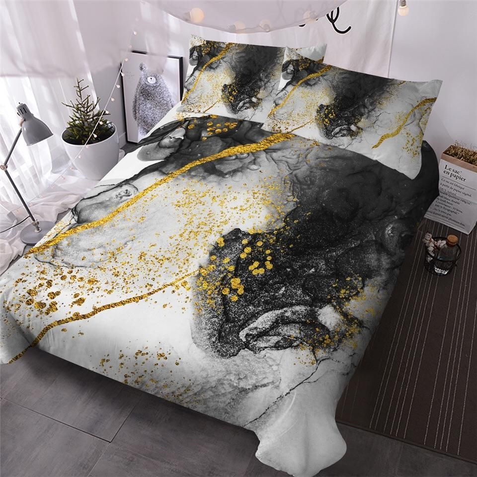 Black White Swirl With Gold Splatter Bedding Set