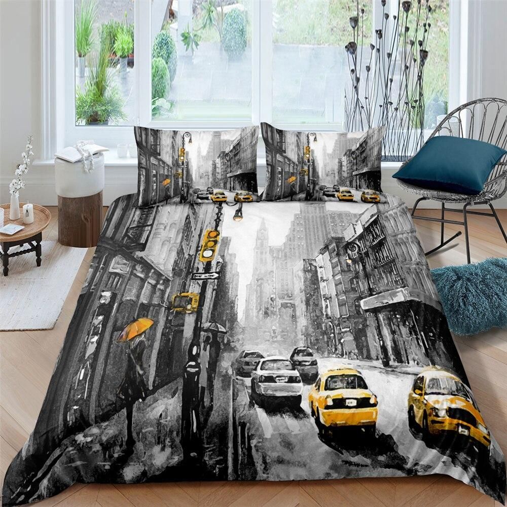 Black White Yellow Street Bedding Set