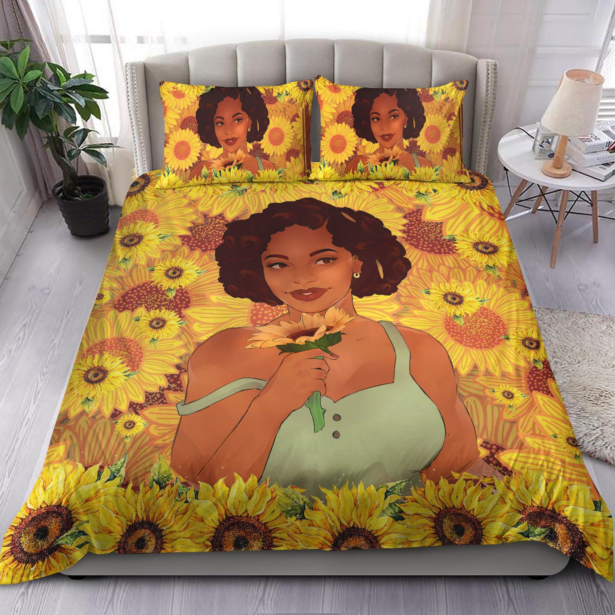 Black Woman Holding Sunflower Bedding Set