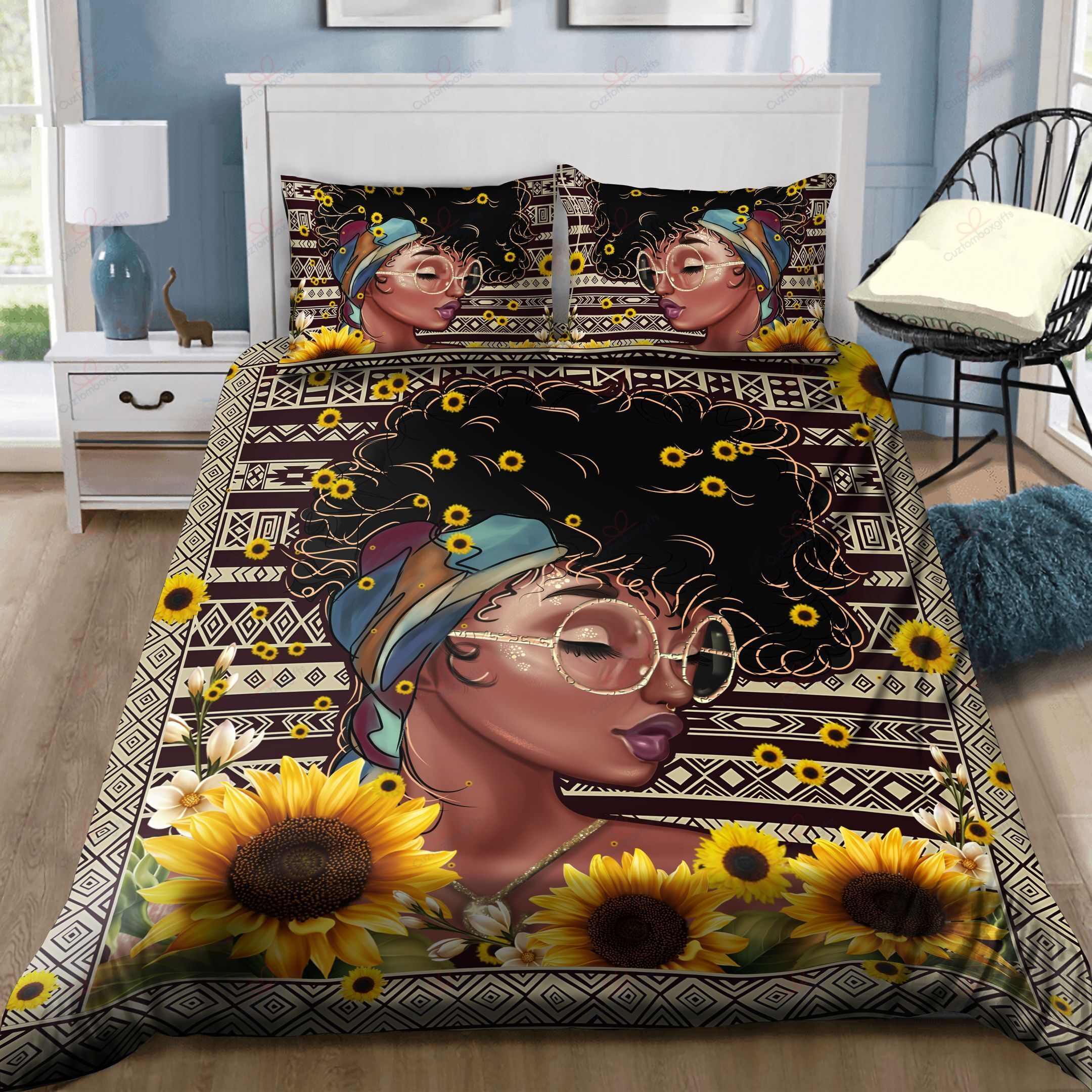 Black Woman Sunflower Bedding Set