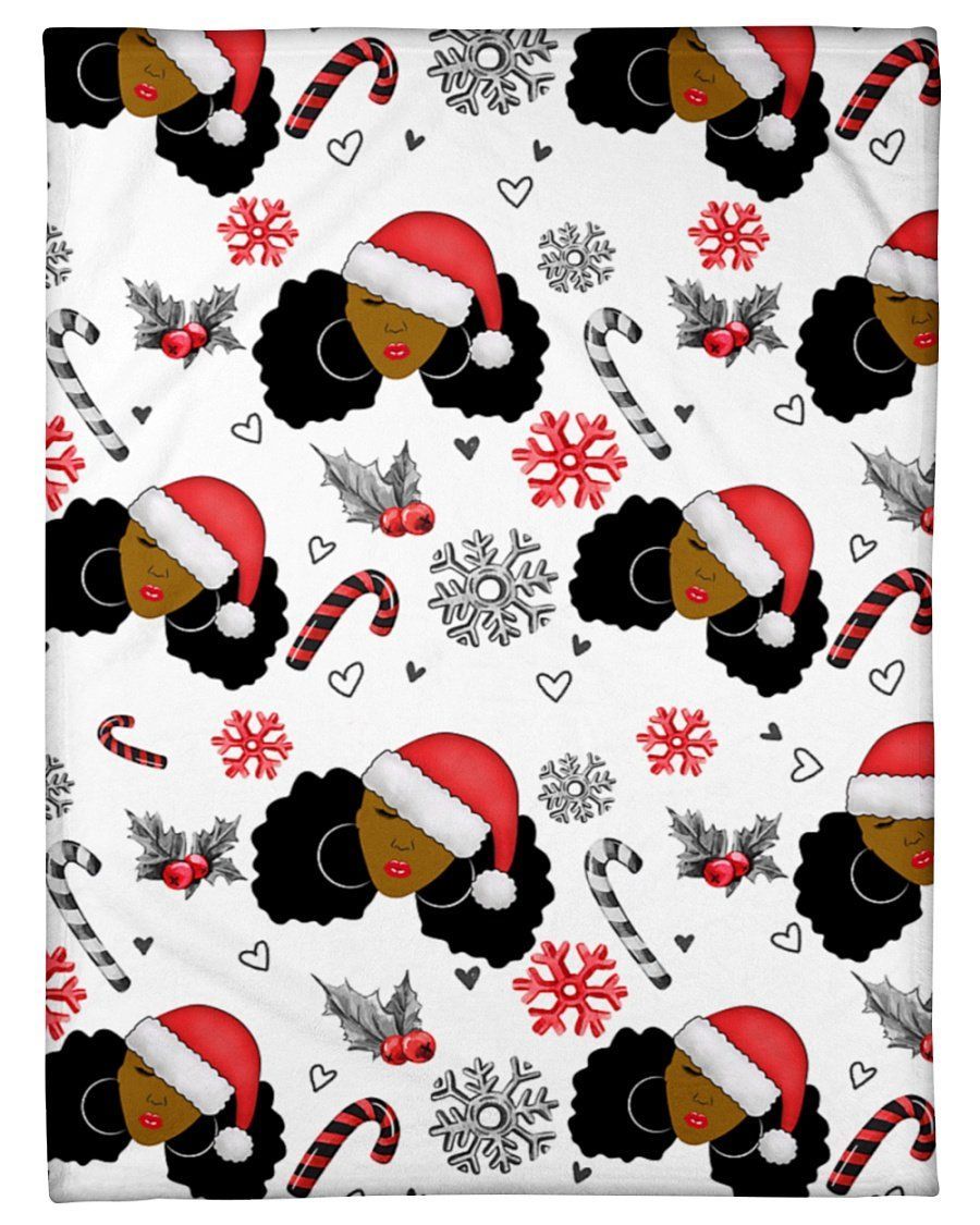 Black Women Christmas Pattern Snowflake Candy Cane Fleece Blanket Fleece Blanket