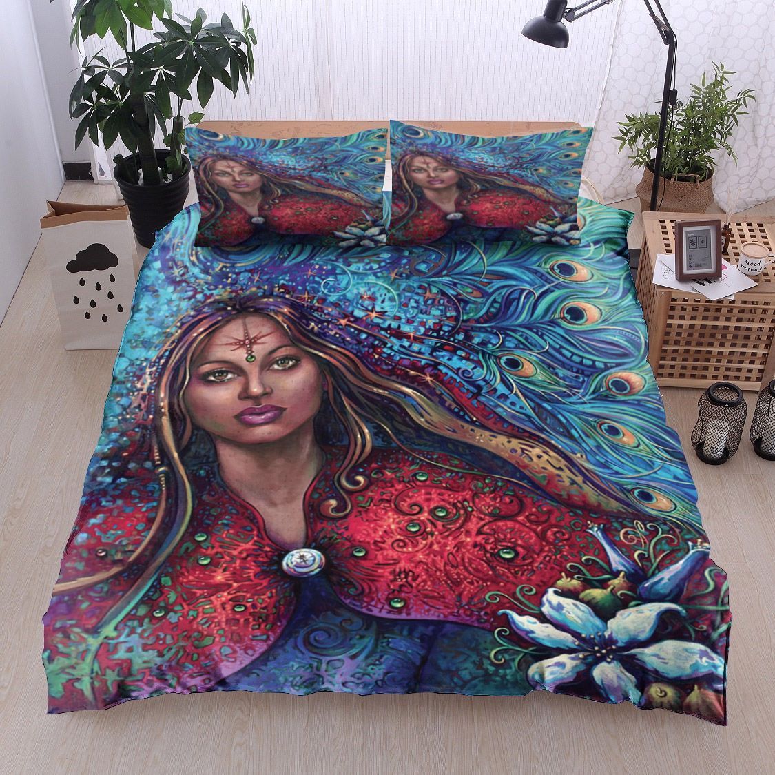 Black Women Witch Flower Peacock Feathers Bedding Set