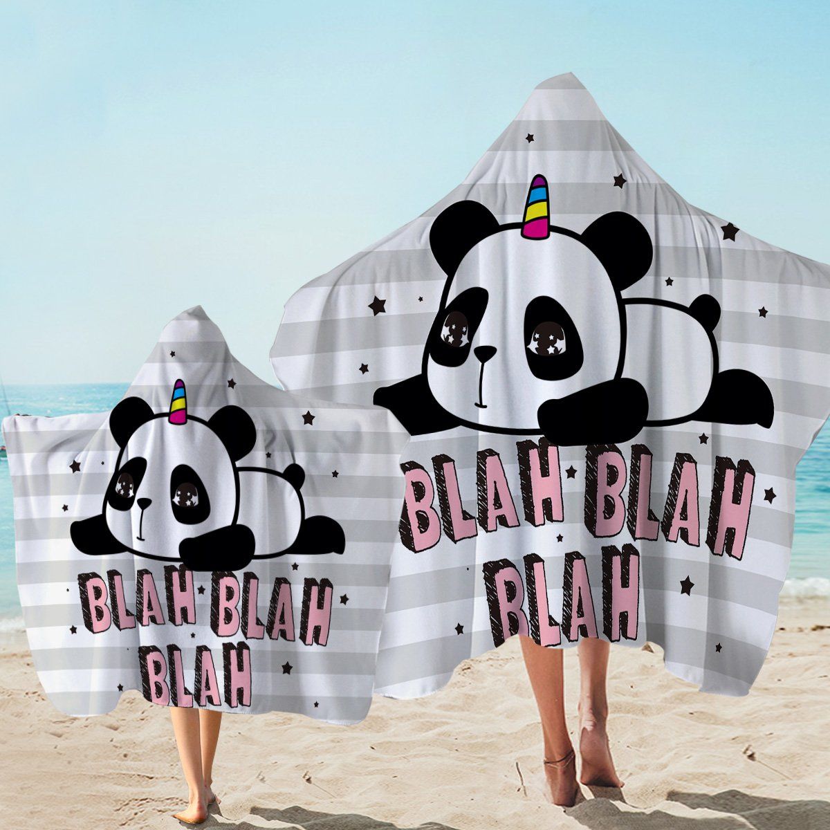 Blah Panda Unicorn Gray Stripes Printed Hooded Towel