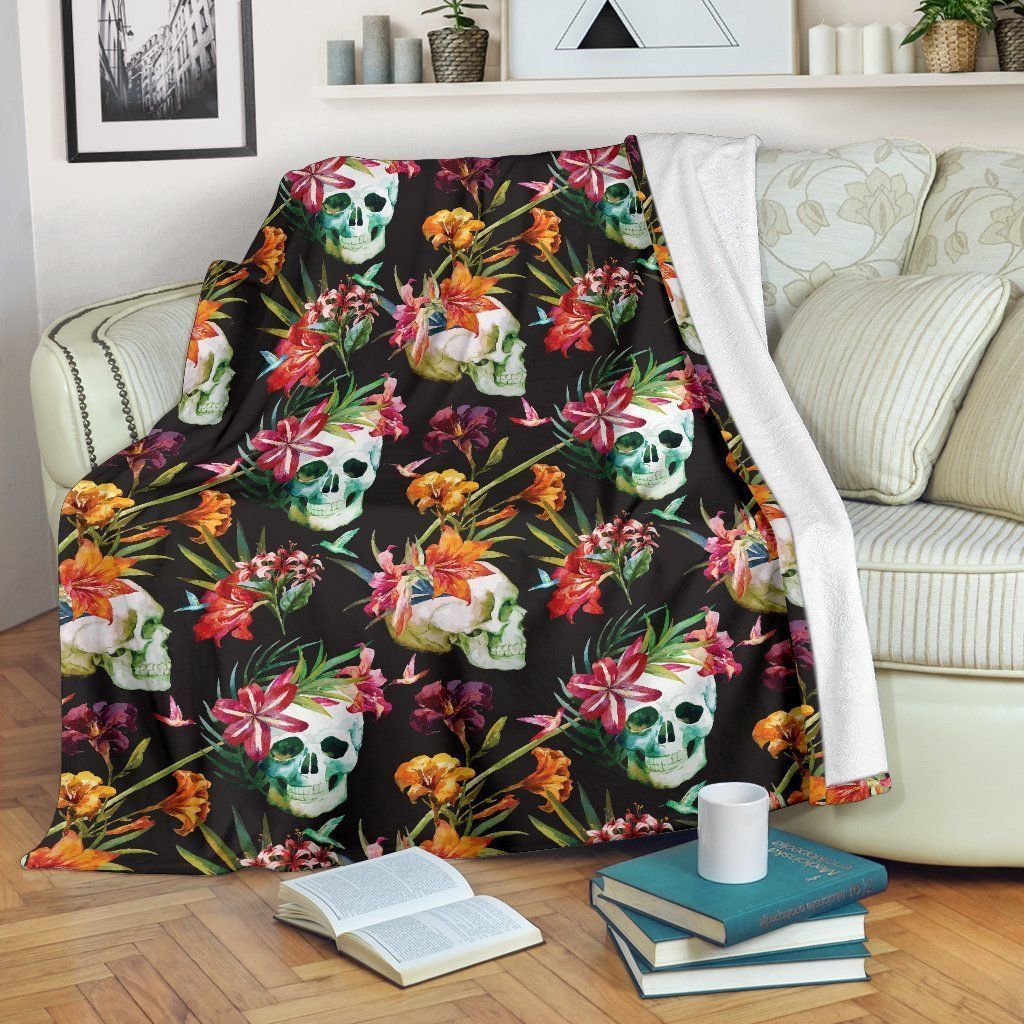 Blossom Flowers Skull Sherpa Fleece Blanket