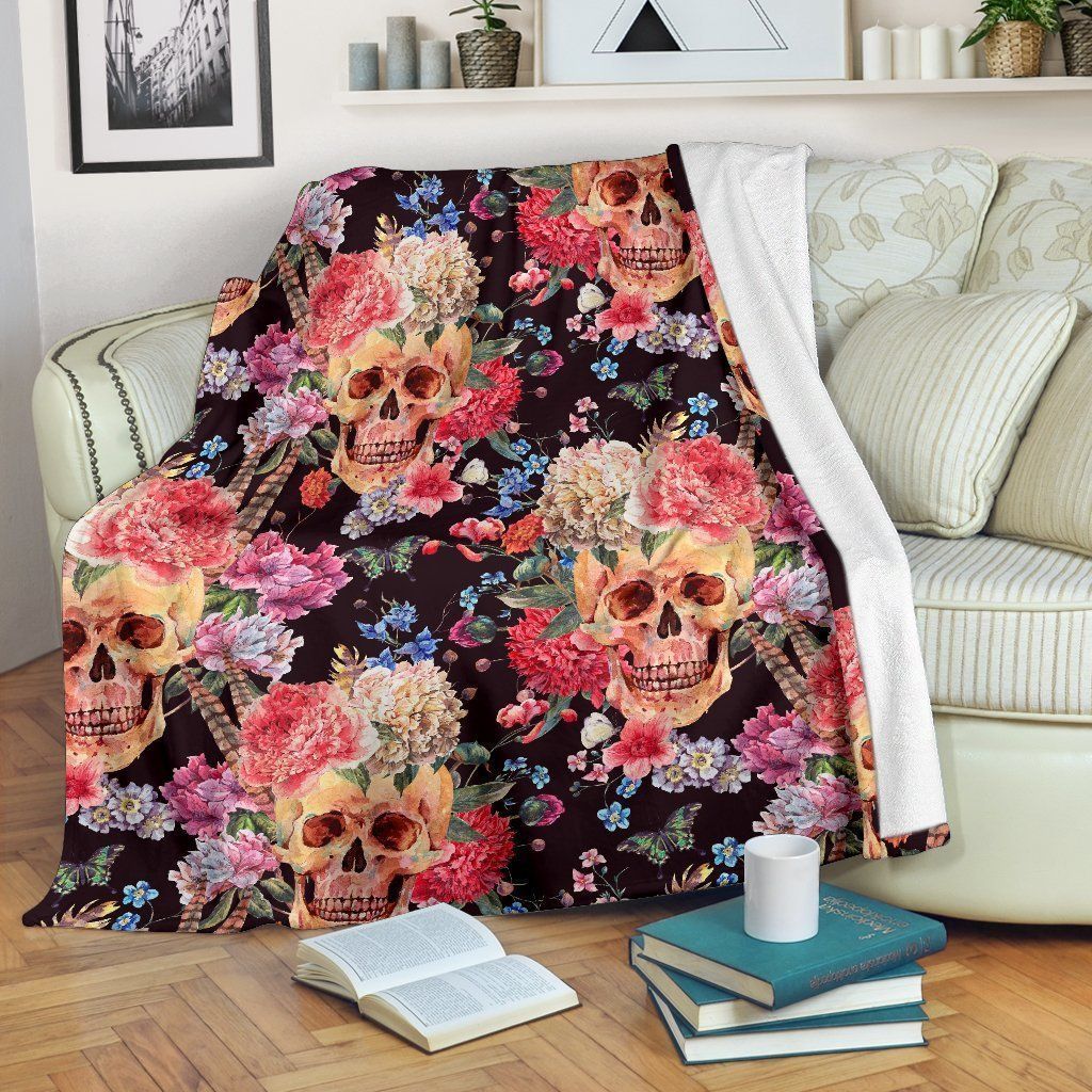 Blossom Peony Skull Sherpa Fleece Blanket