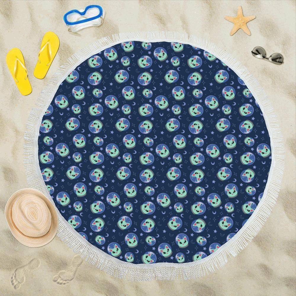 Blue Alien Cat Pattern Printed Round Beach Towel