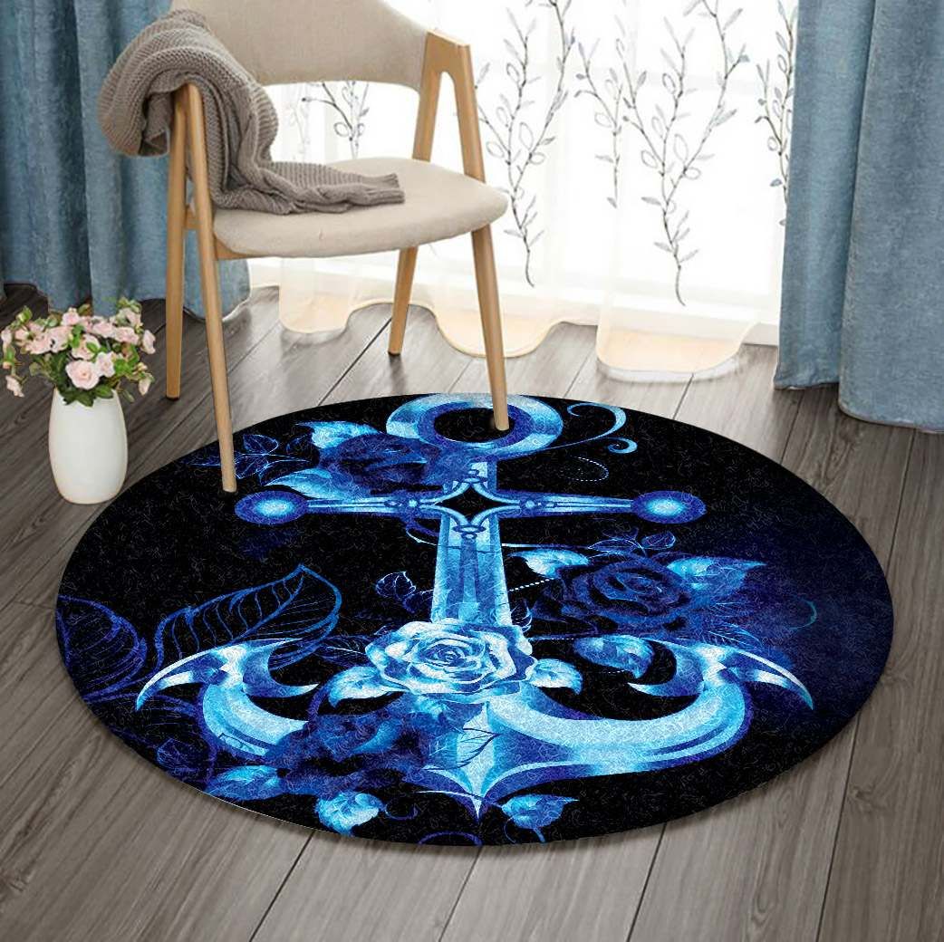Blue Anchor And Rose Round Carpet