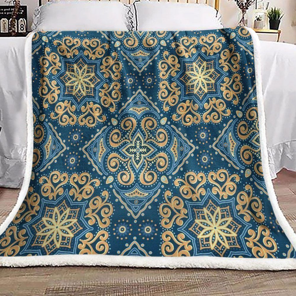 Blue And Gold Bohemian Mandala Sherpa Fleece Blanket