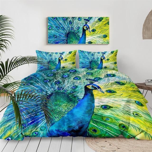 Blue And Green Yellow Peacock Tail Bedding Set
