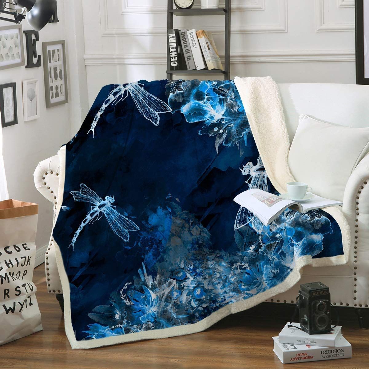 Blue And Indigo Dragonfly Sherpa Fleece Blanket