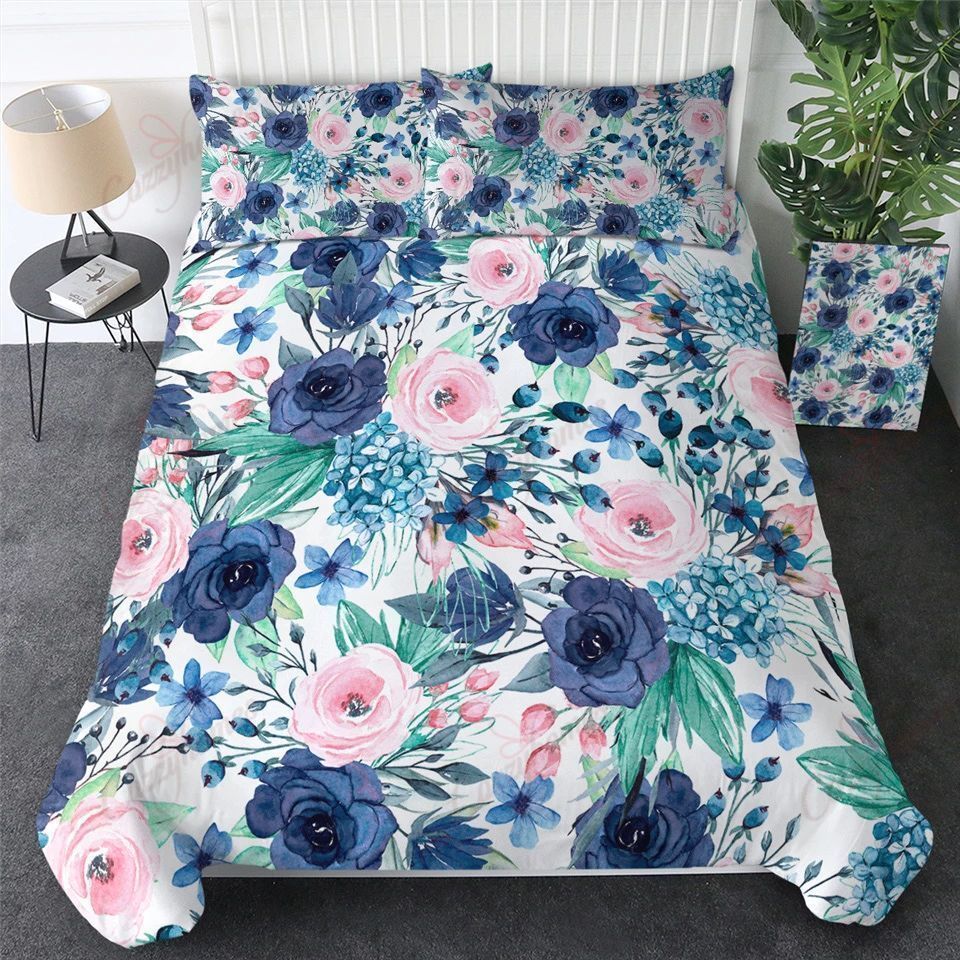 Blue And Pink Floral Bedding Set
