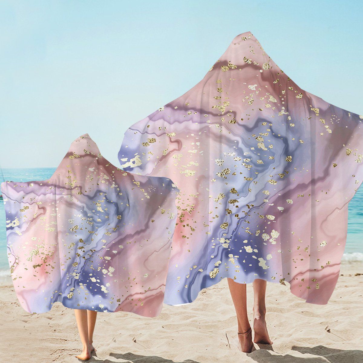 Blue And Purple Ink Nacre Pattern Printed Hooded Towel