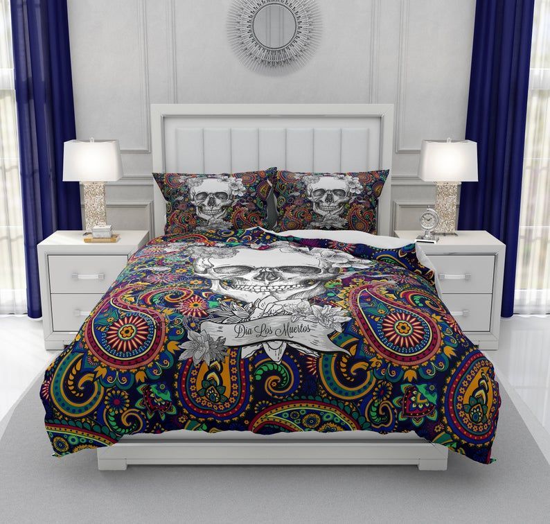 Blue And Red Paisley Skull Bedding Set