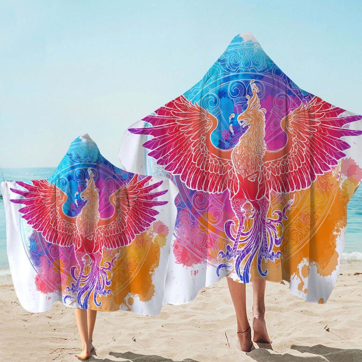 Blue And Red Phoenix’s Rebirth Printed Hooded Towel