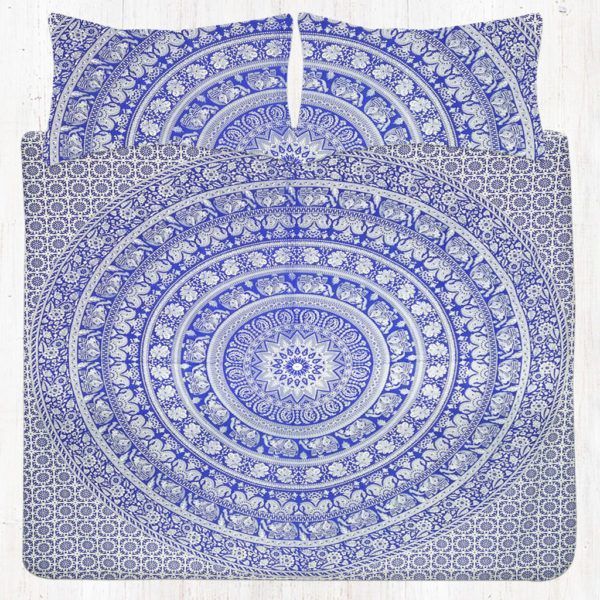 Blue And White Elephant Mandala Bedding Set