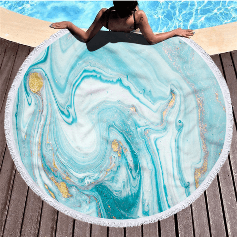 Blue And White Gold Marble Printed Round Beach Towel