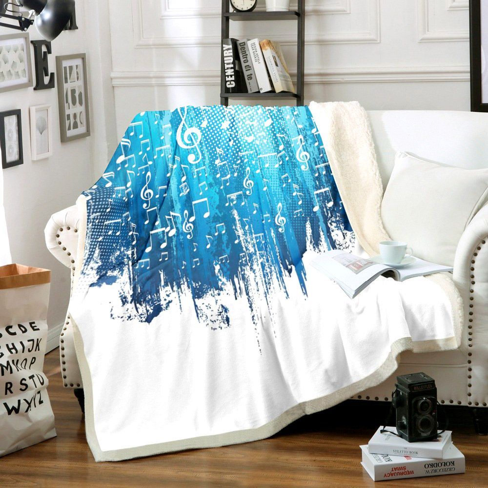 Blue And White Music Notes Sherpa Fleece Blanket