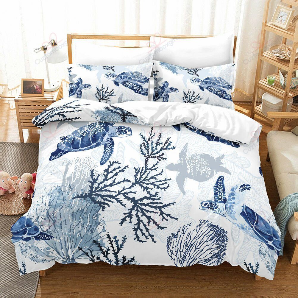 Blue And White Sea Turtle Bedding Set